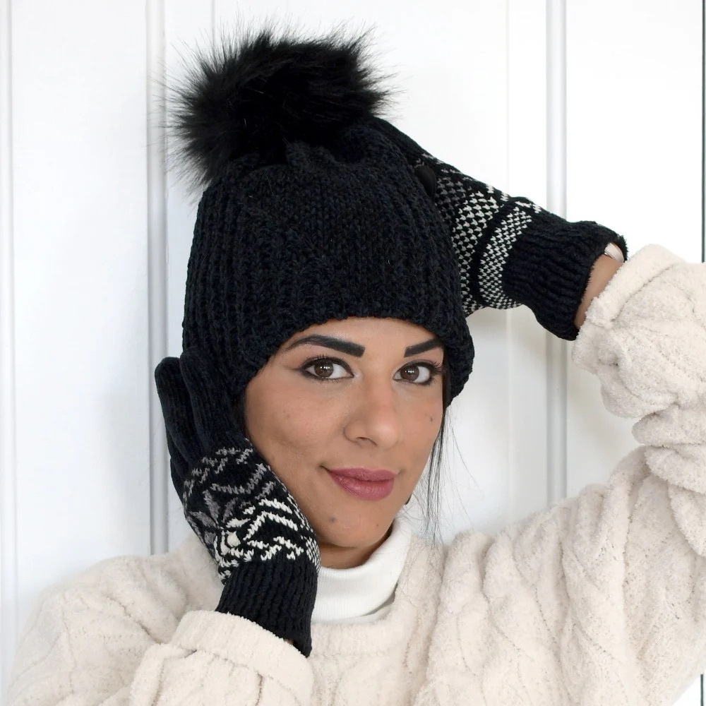Isotoner Black Knit Hat with Pom Pom